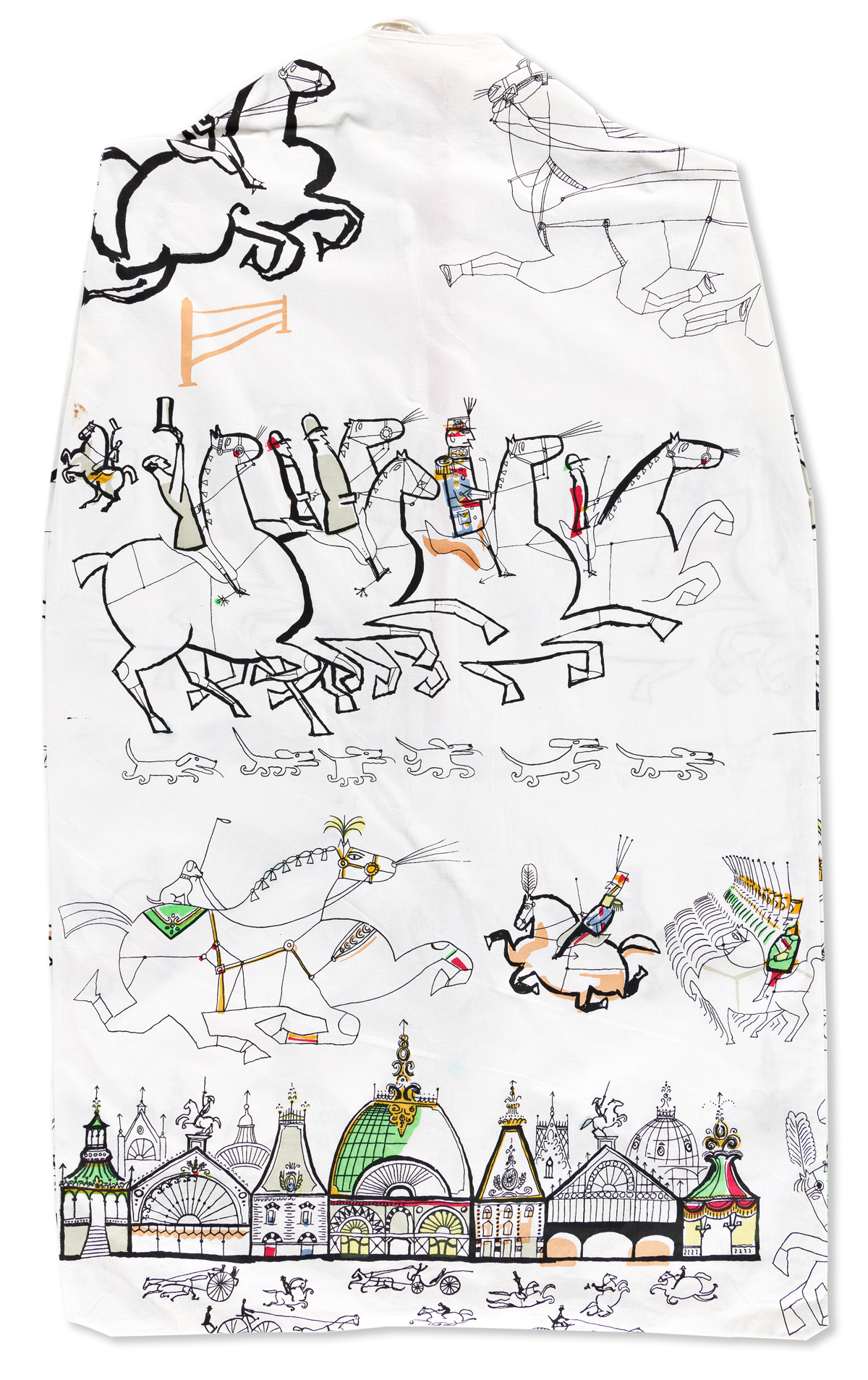 SAUL STEINBERG (1914-1999).  [FABRIC PATTERNS / HORSES & THE WEDDING.] Group of 3 garment bags, 7 small pillow cases & bolt of silk fab